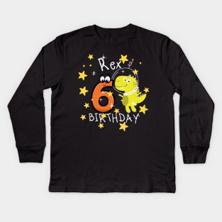 Kids 6 Year Old 6th Birthday Boy T Rex Dinosaur Space Kids Long Sleeve T-Shirt